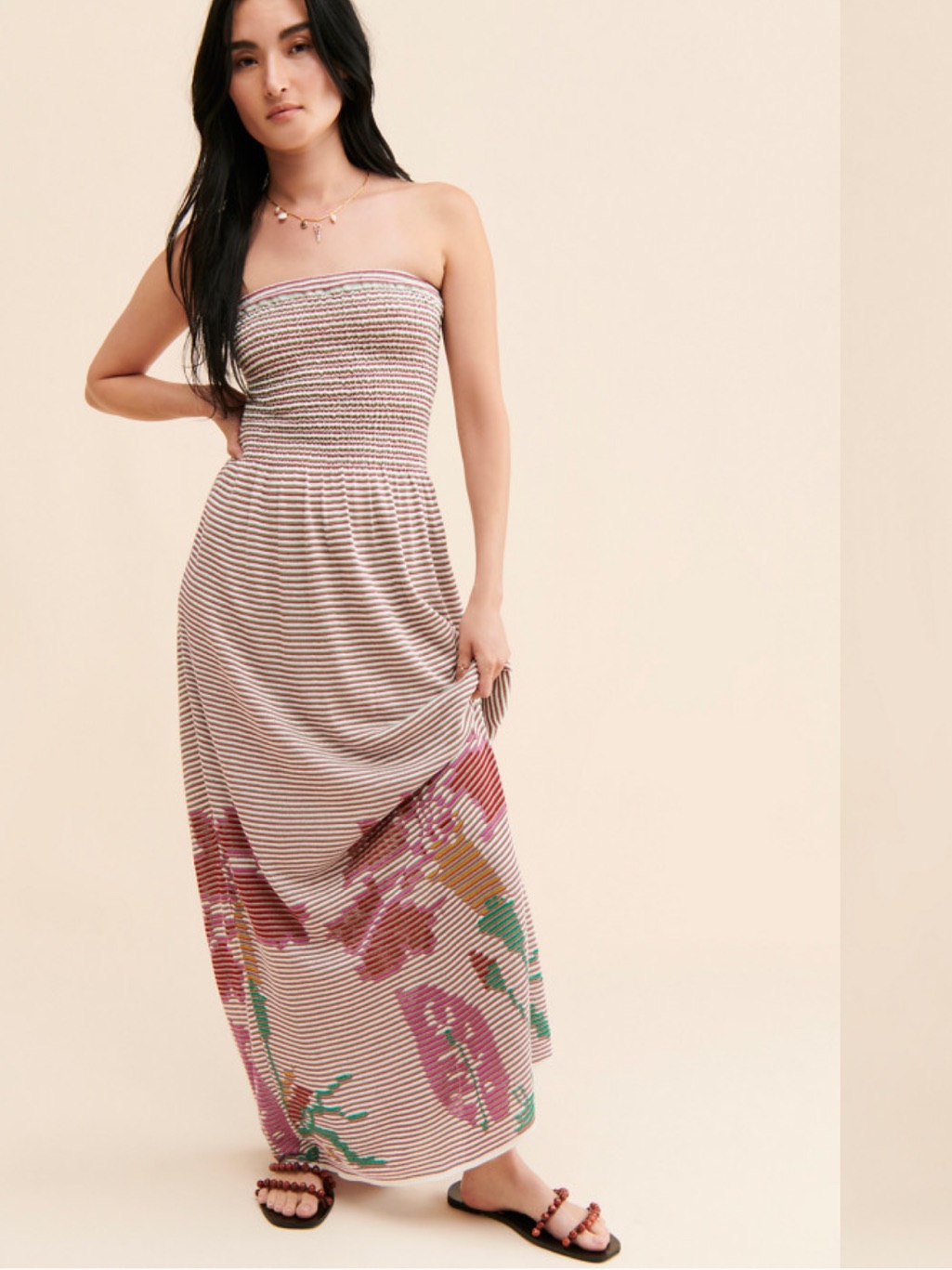 Striped Strapless Maxi Dress With Floral Hem - Pink